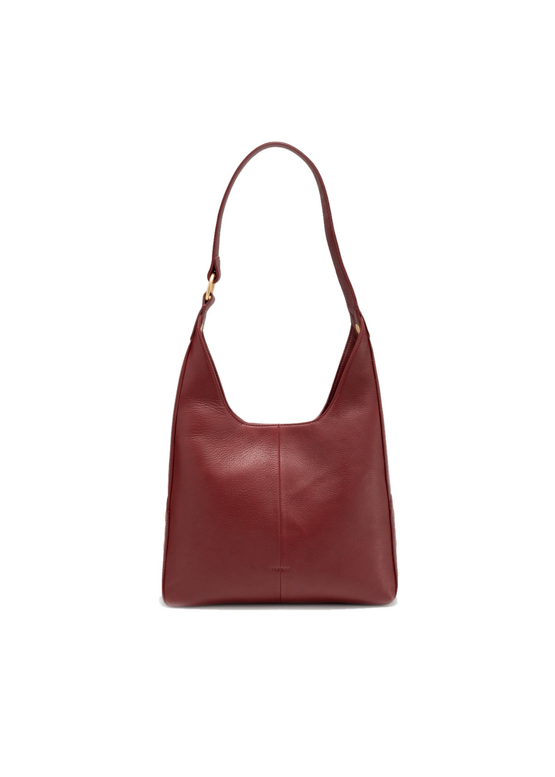 Brown leather purse with gold accents on a white background