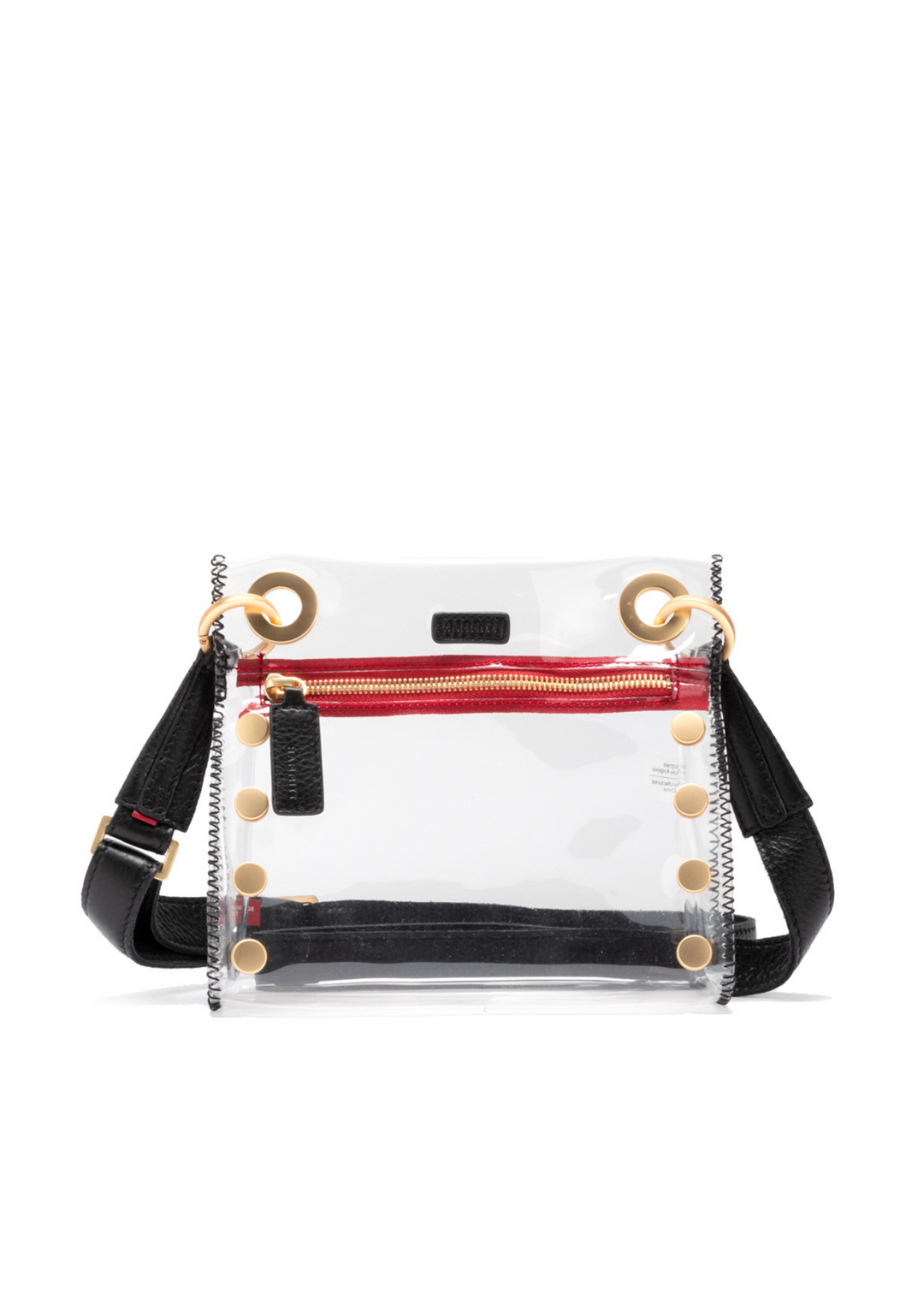 clear purse with black leather strap and zipper pull, red zipper lining, and gold hardware