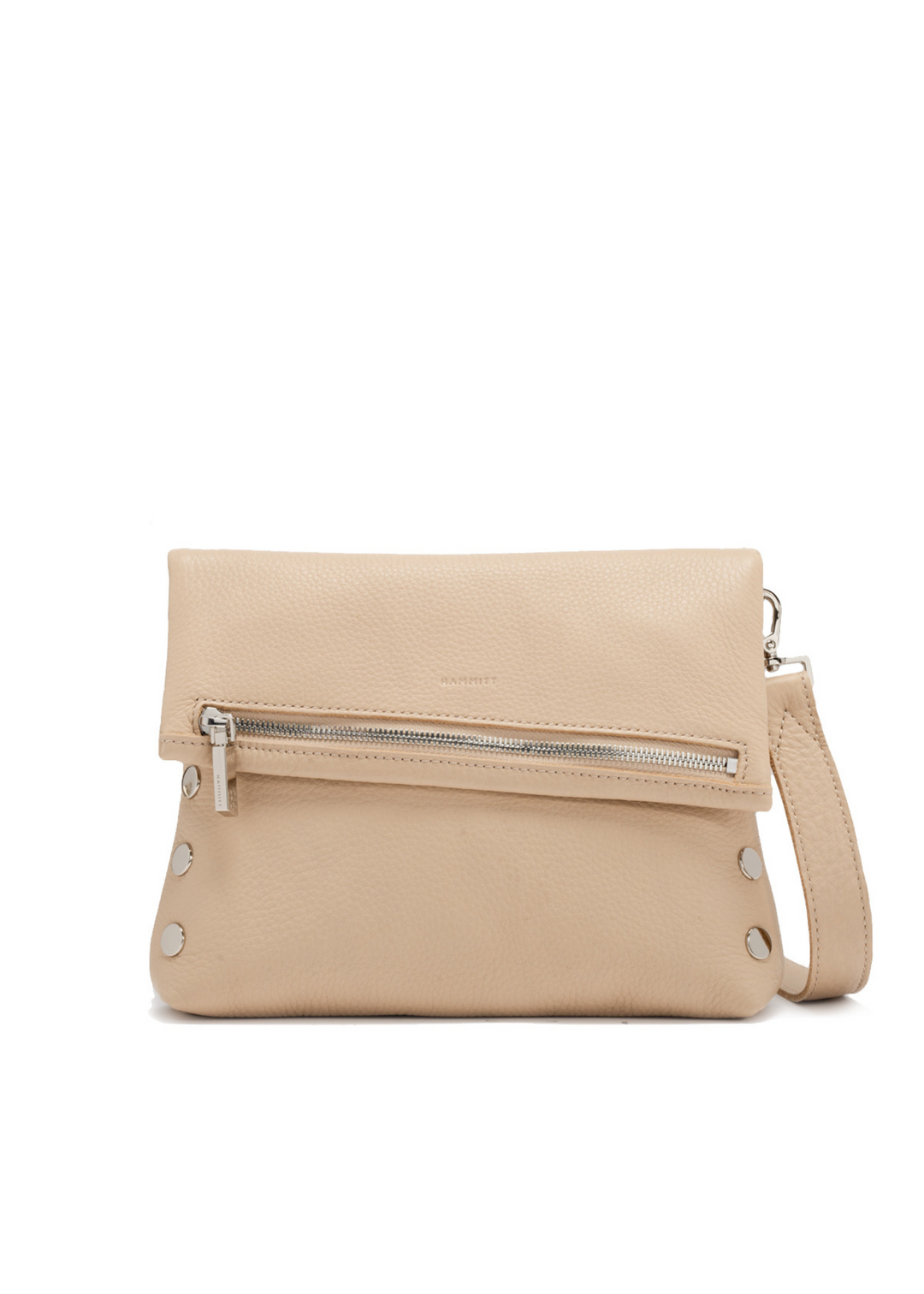Women's tan leather purse with silver accents on a white background