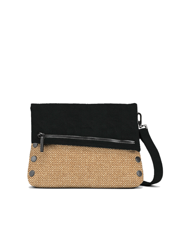 Black leather and raffia handbag