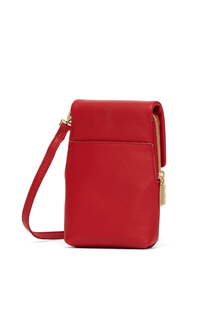 Red leather purse with gold accents on a white background