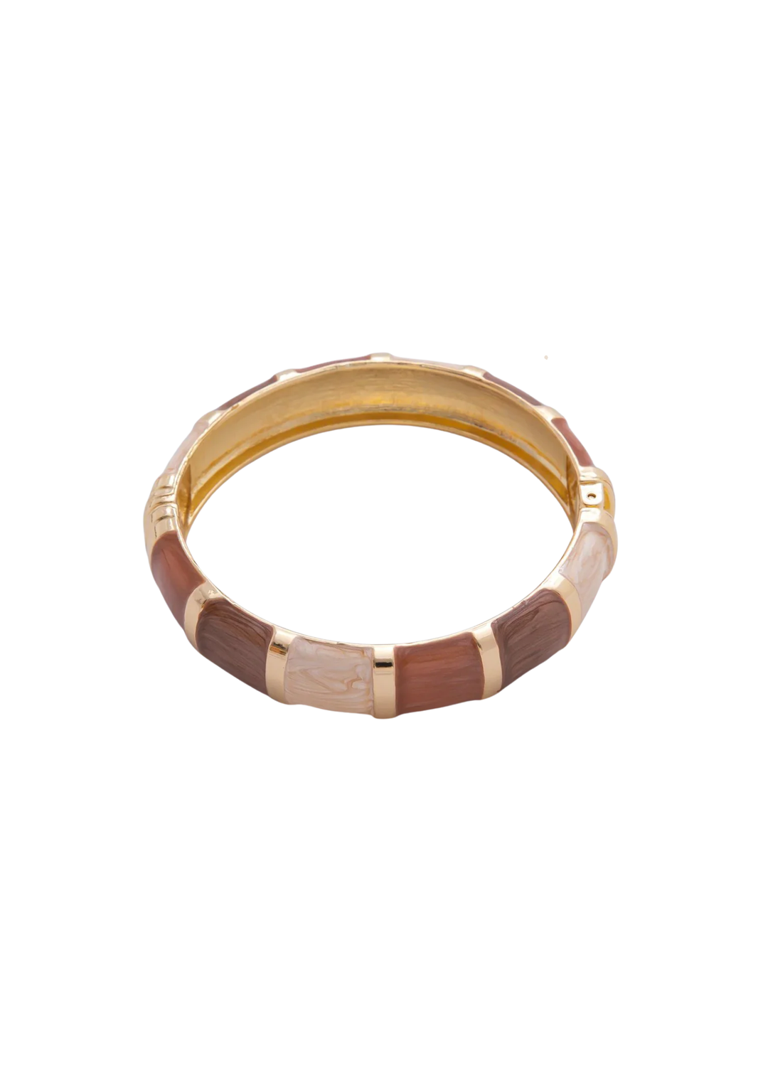 Brown, pink, and gold bangle bracelet on a white background