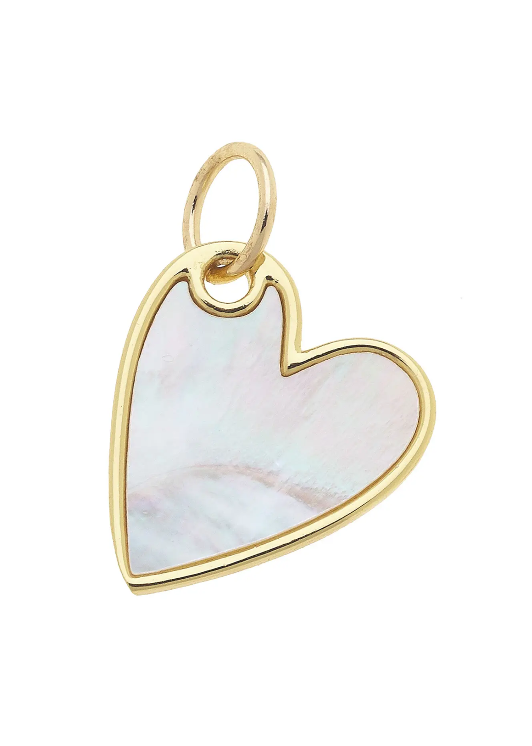 Gold framed heart charm with a mother of pearl center on a white background