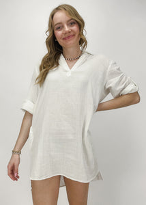 white split neck gauze mini dress with cuffed 1/2 sleeves