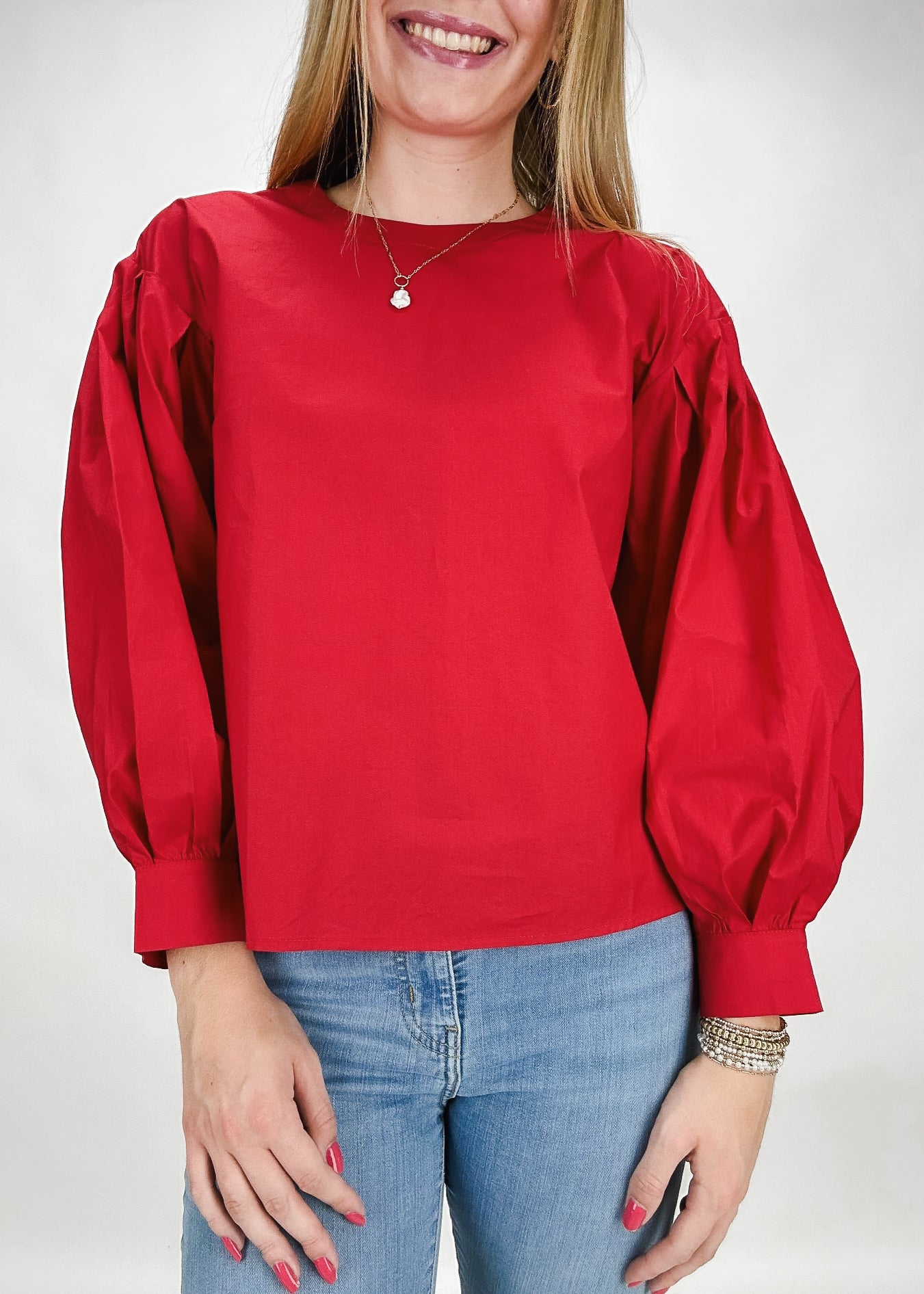 Red Puff Sleeve Cotton Long Sleeve TOp