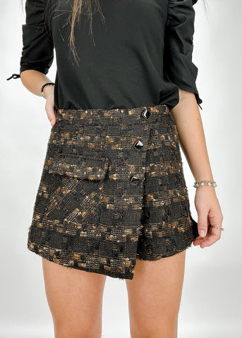 Brown plaid patterned flap pocket wrap from mini skirt with 3  black gemstone buttons