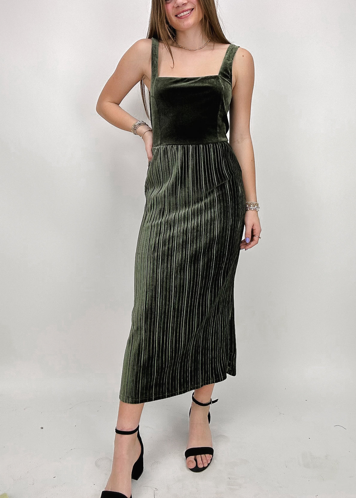 square neck olive green velvet women's midi dress with textured vertical stripe skirt detail 