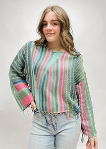 teal, green, blue, and pink mixed stripe distressed fringe sweater for women
