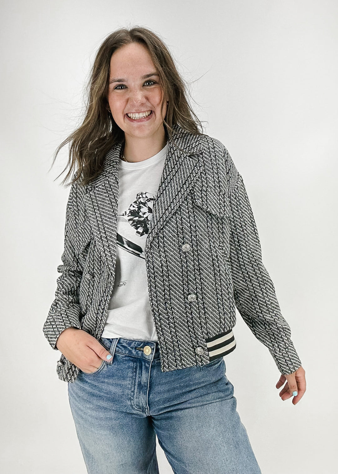 greytextured collared flap pocket bomber jacket with stripe hem detail