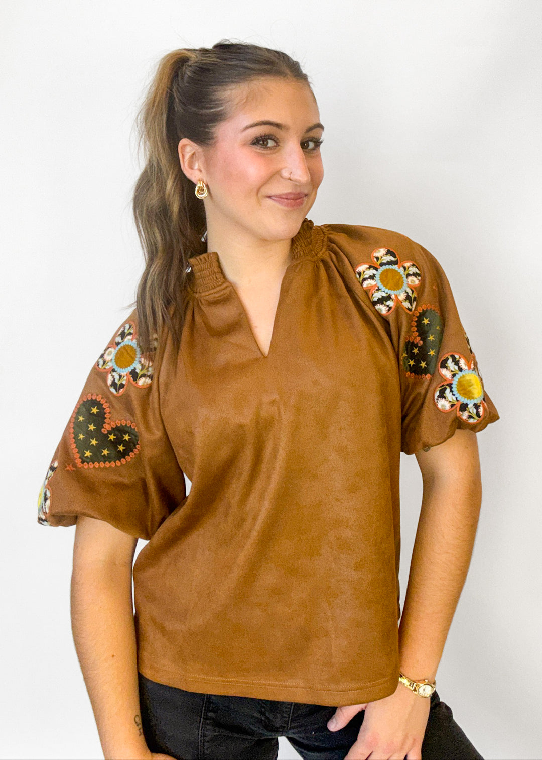 Lydia Floral Embroidered Puff Sleeve Top