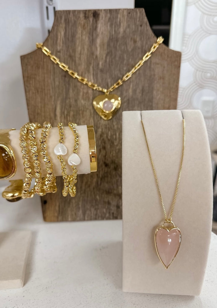 Easton Elle Skinny Heart Slip Necklace - Pink Rose Quartz