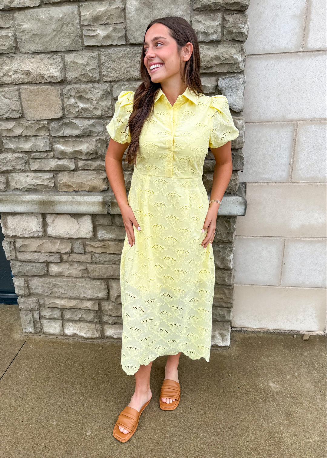 yellow eyelet midi dress Living Easy Yellow Eyelet Linen Midi Dress, X-Large - The Mint Julep Boutique