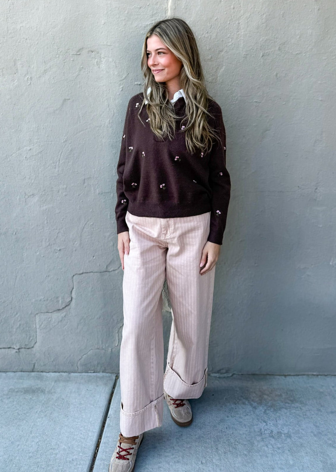 Finley Floral Embroidered Contrast Collar Sweater