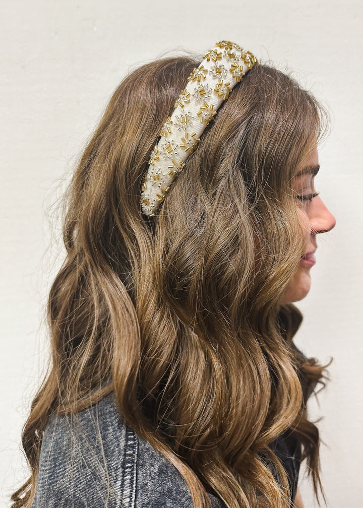 Ivory and Gold Beaded Headband