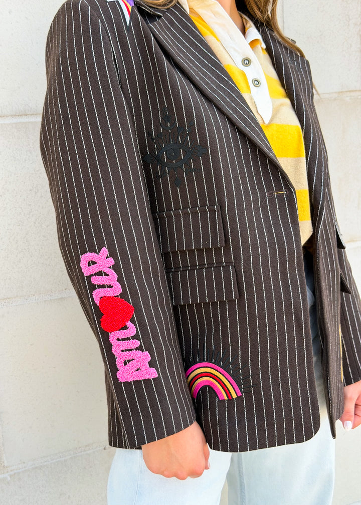 Tiffany Pinstripe Patch Blazer - Dark Brown