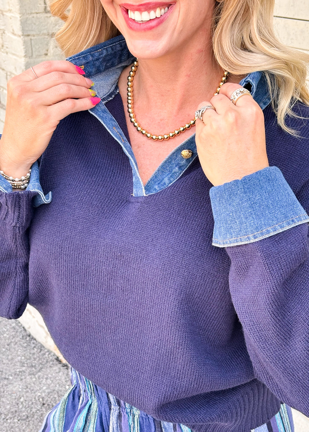 Elan Riley Denim Collared Top