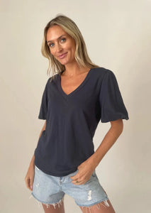 navy blue v neck t shirt with bubble sleeves