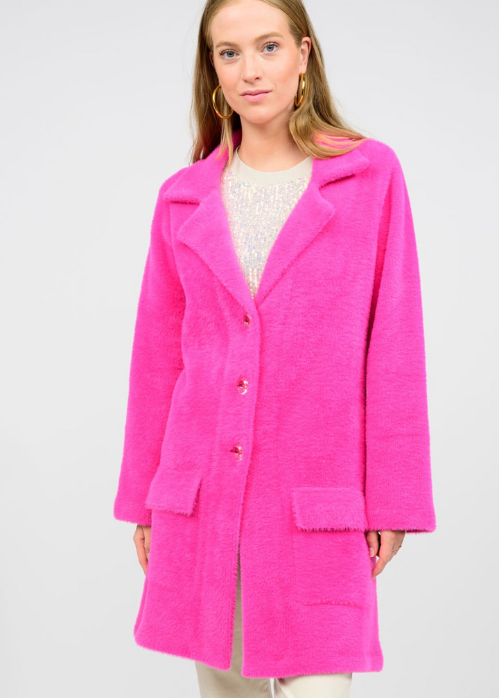 hot pink fuzzy sweater longline coat with flap pockets