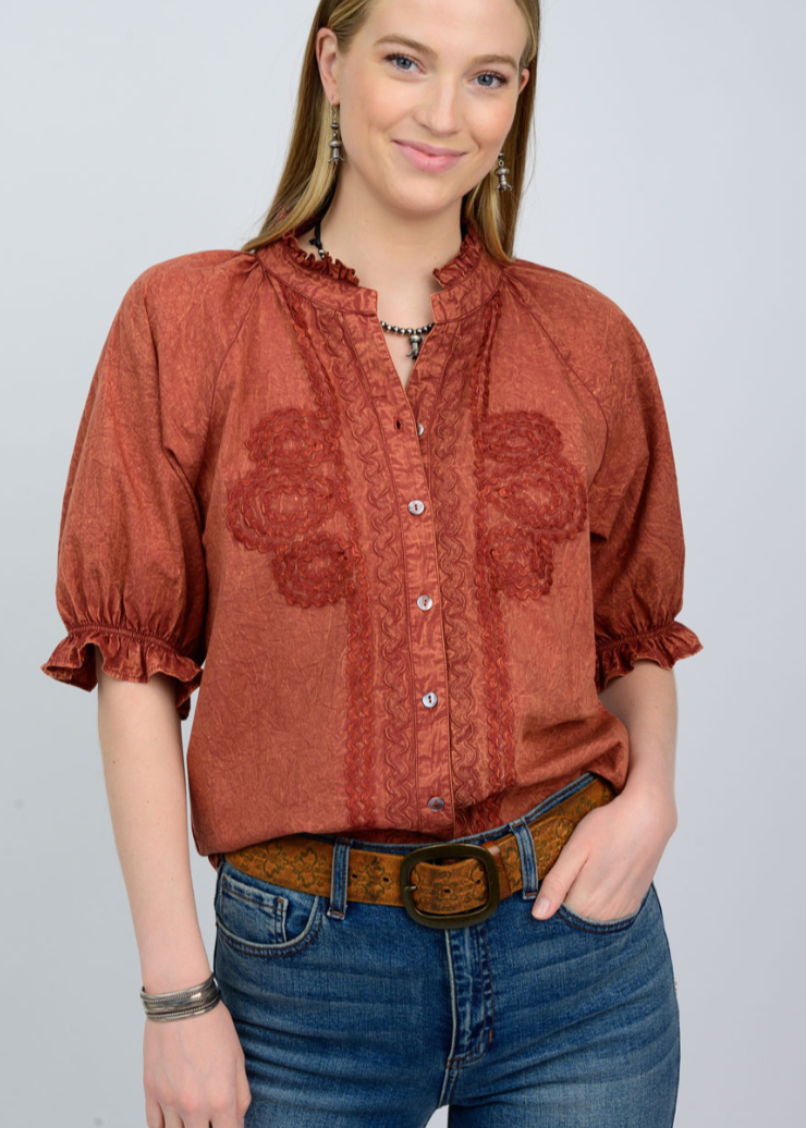 women's rust embroidered puff sleeve button down ruffle collar top