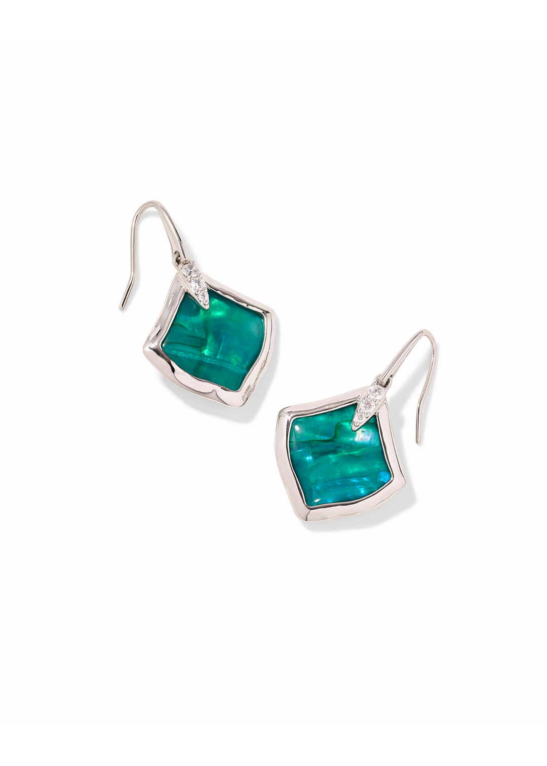 Women's rhodium framed drop earrings with a bright aqua illusion center