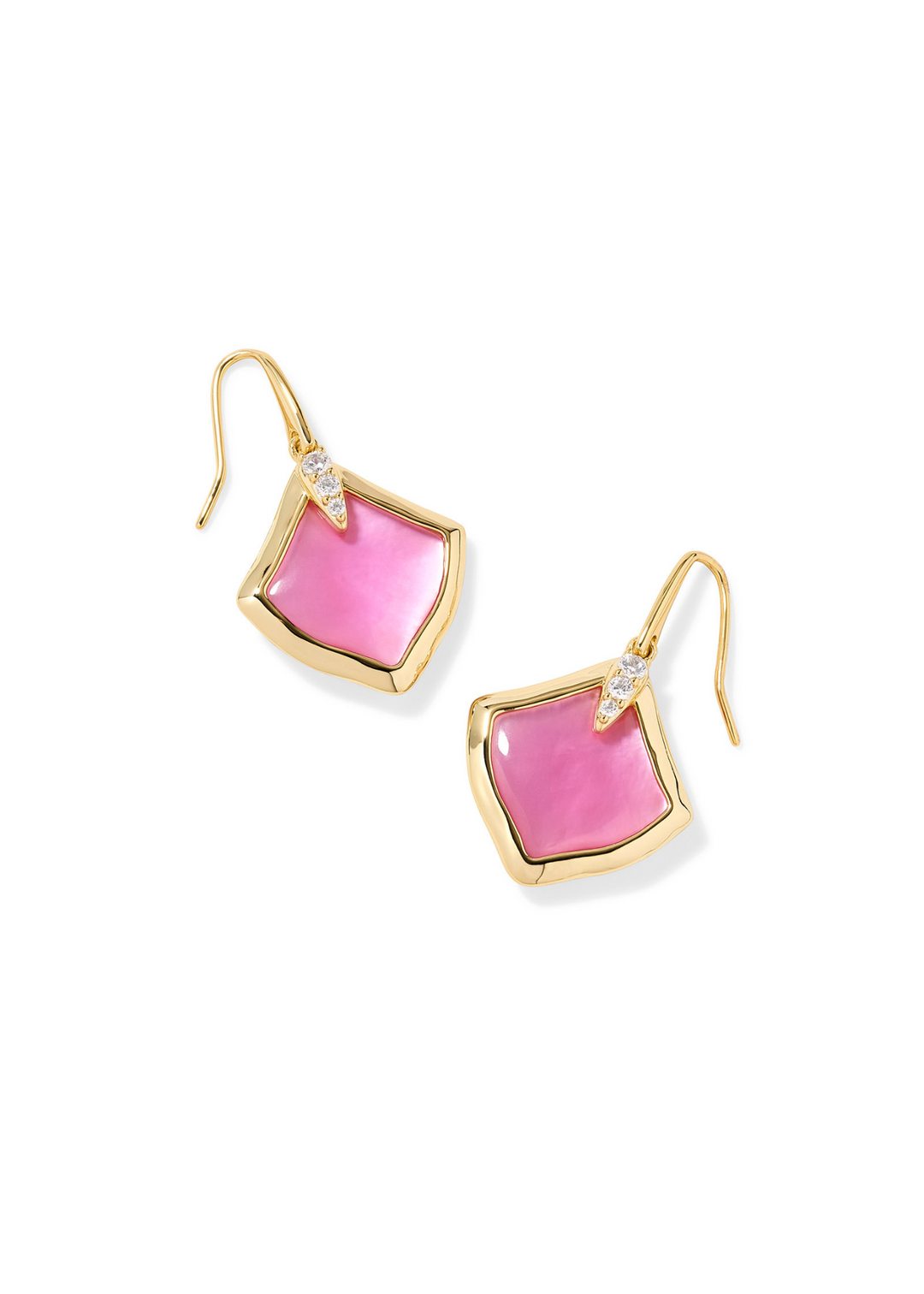 Women's gold framed drop earrings with an azalea illusion center