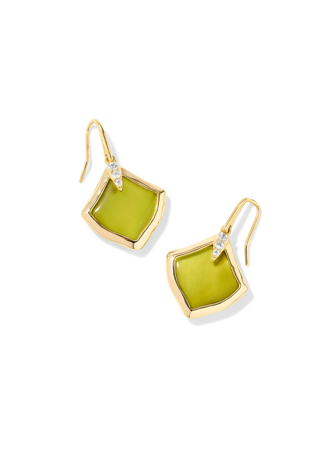 Drop earrings with a gold frame and a chartreuse green mother of pearl center