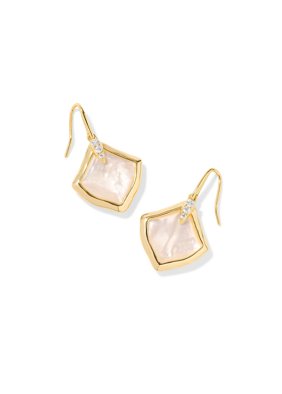 Women's gold framed drop earrings with an ivory mother of pearl center