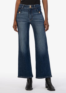 dark wash wide leg denim jeans with button pocket details 