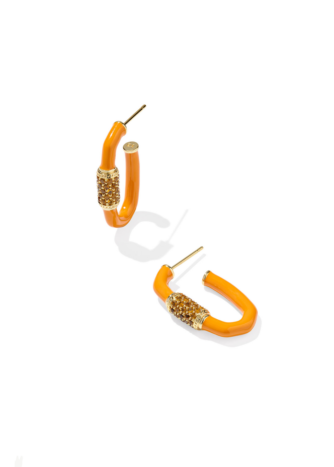 Women's bright orange hoop earrings with gold accents