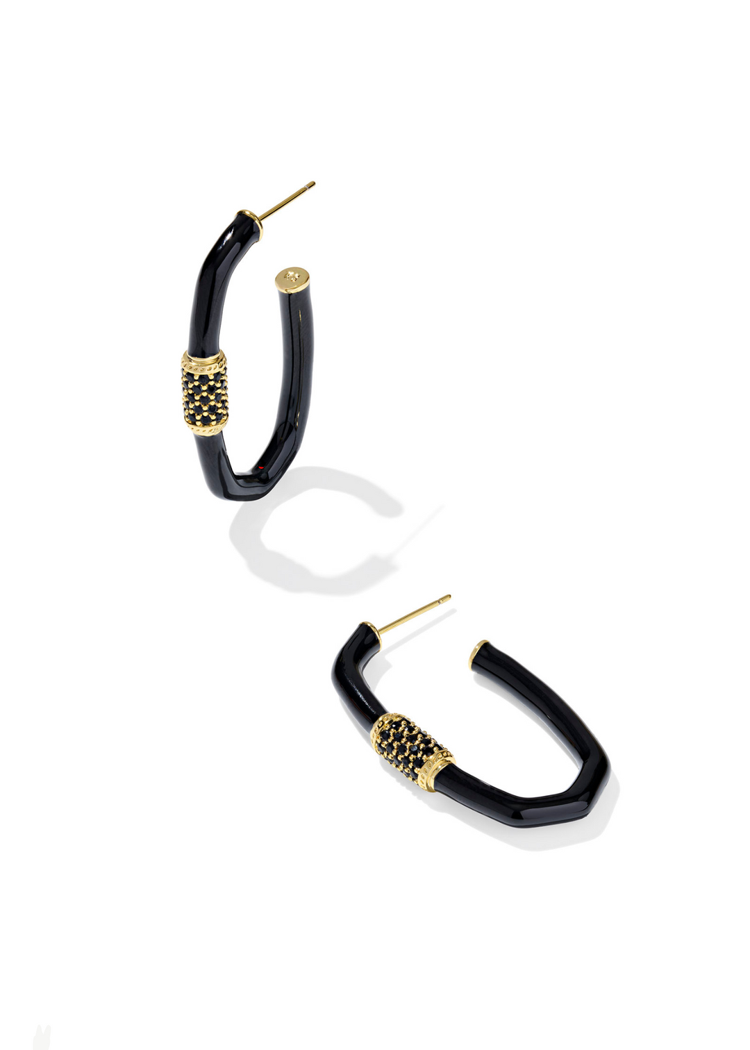 Women's large black enamel hoops earrings with gold details
