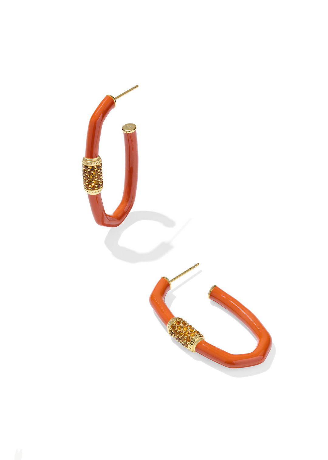 Women's orange hoop earrings with gold accents