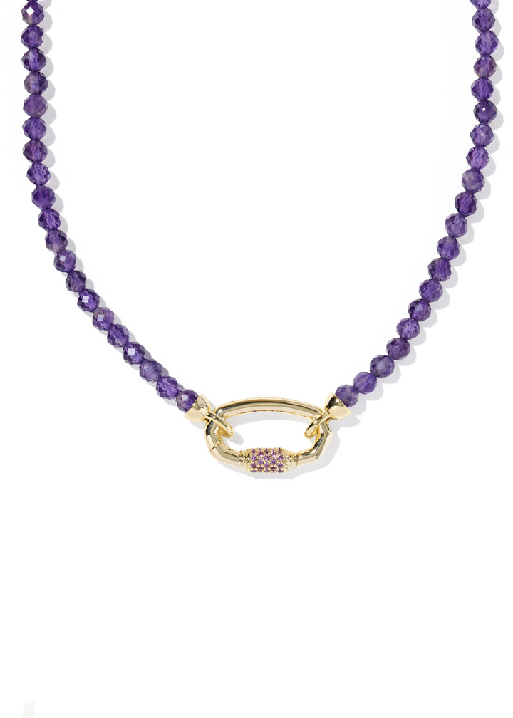 Women's purple beaded necklace with a gold clasp