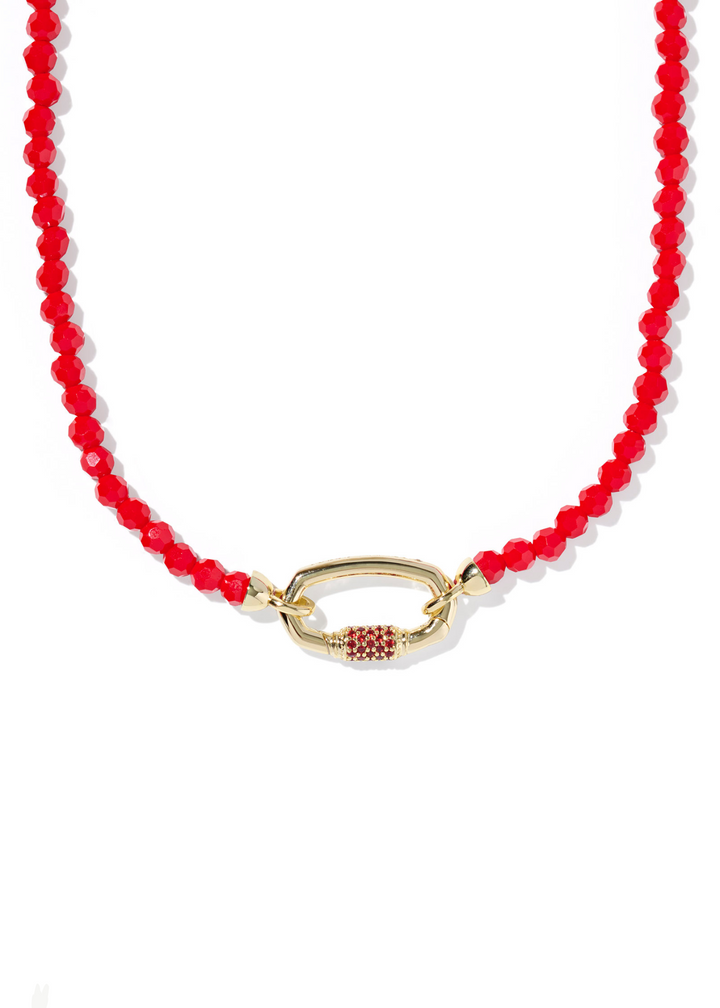 Women's red beaded strand necklace with a gold clasp