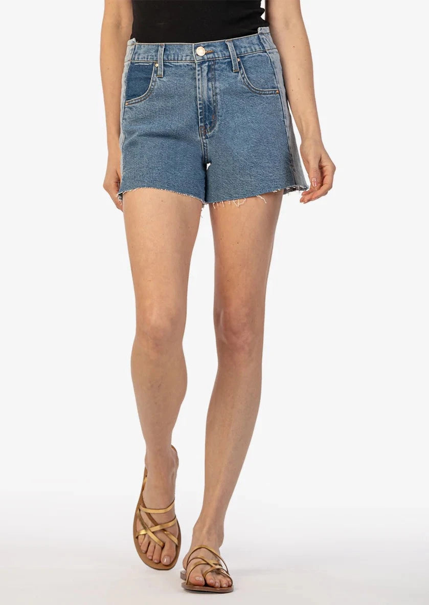 blue denim patchwork shorts with raw hem 