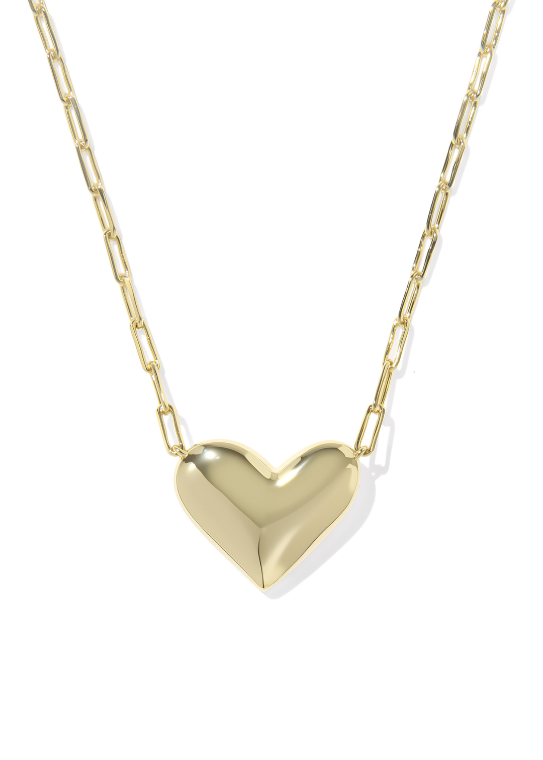 Gold necklace with a gold heart shaped pendant against a white background