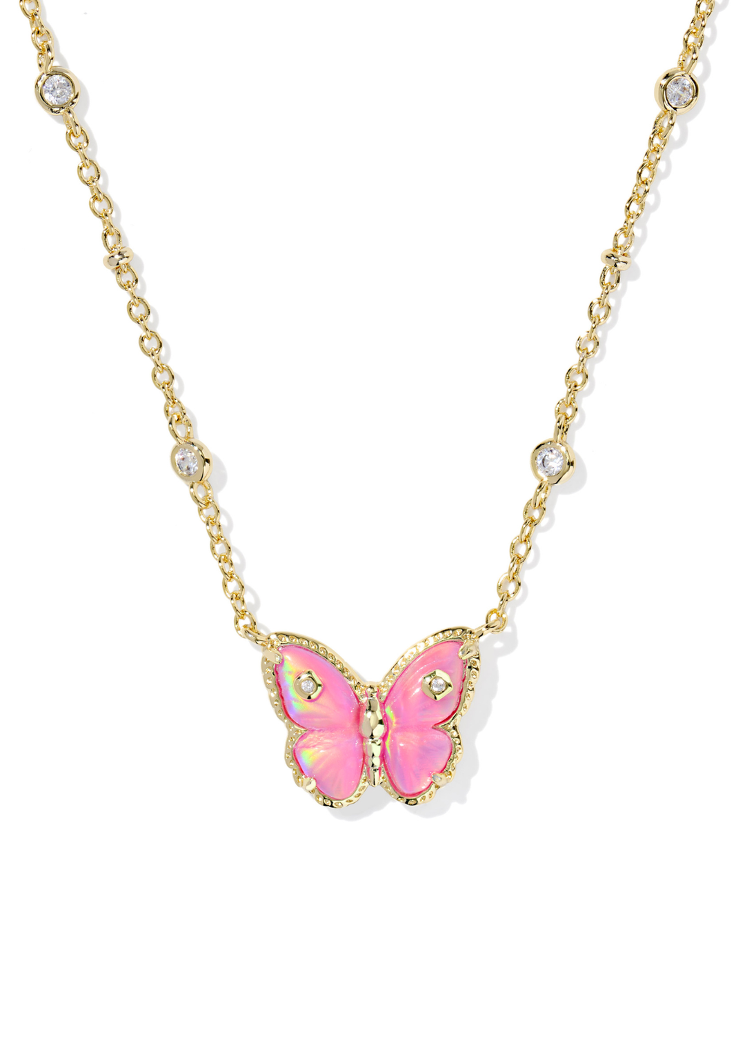 Gold necklace with a pink butterfly pendant on a white background