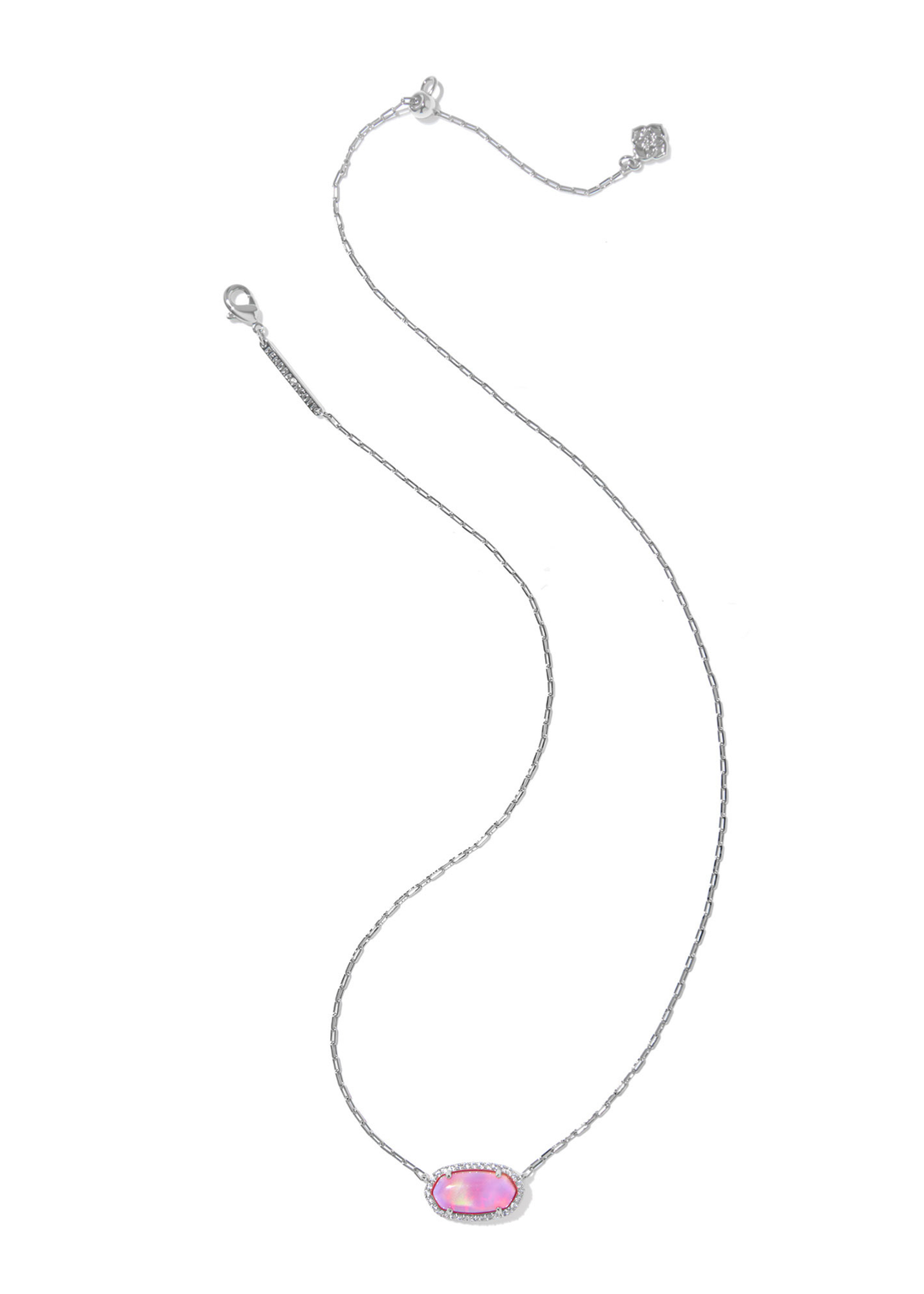 Silver necklace with a pink pendant framed in CZs on a white background