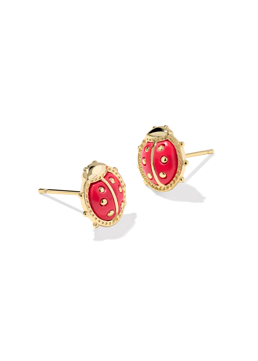 Gold framed red ladybug earrings on a white background