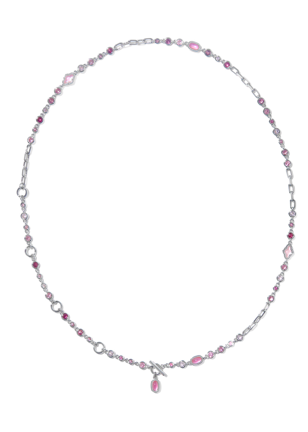 Rhodium necklace with pink stones against a white background