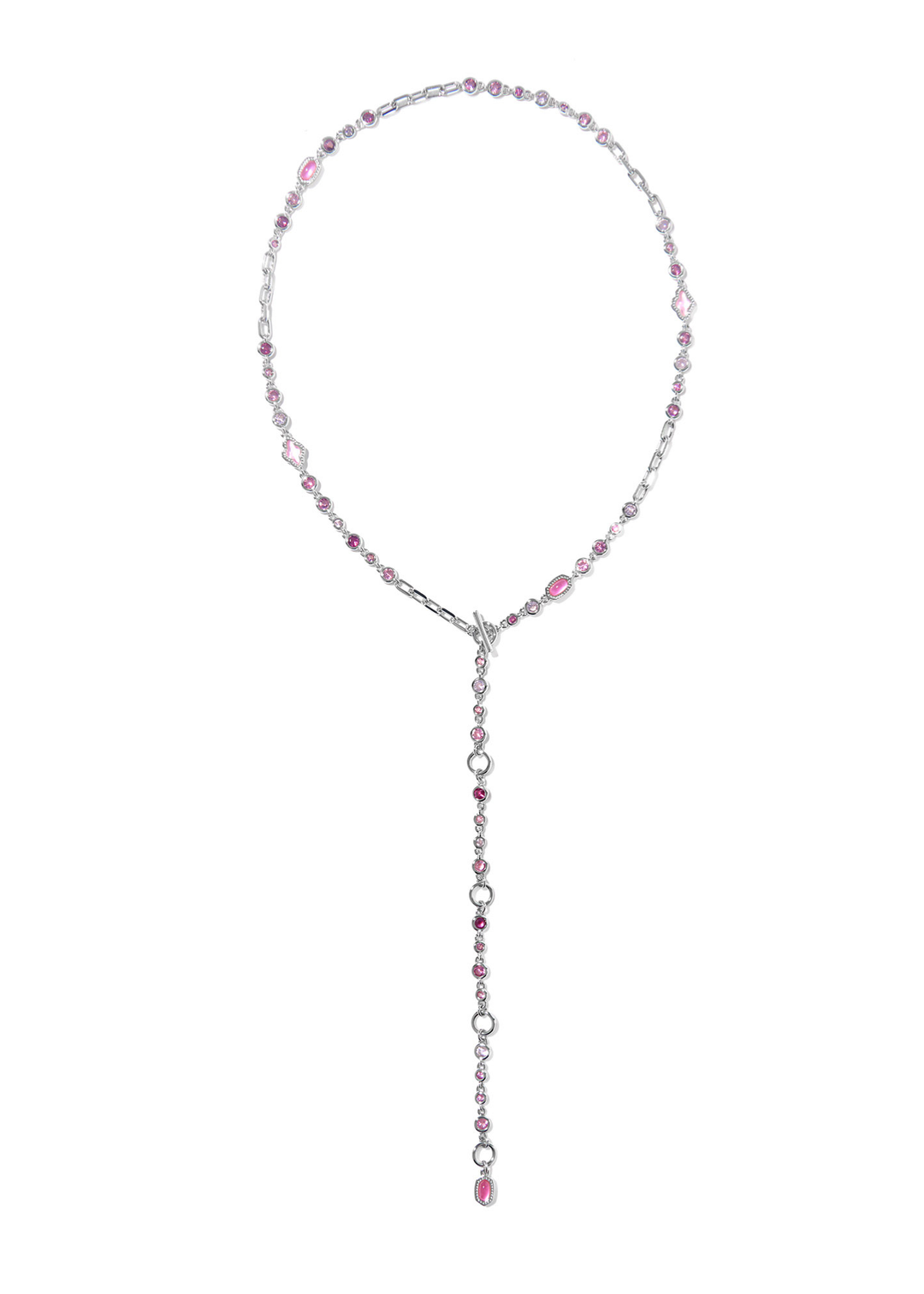 Rhodium necklace with pink stones against a white background