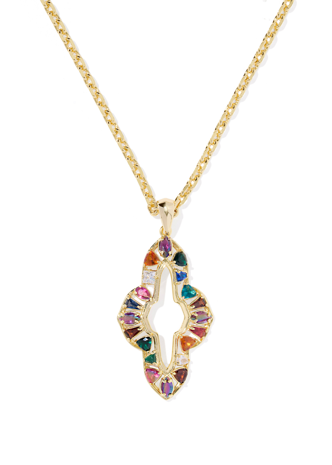 Gold necklace with a multicolor pendant on a white background