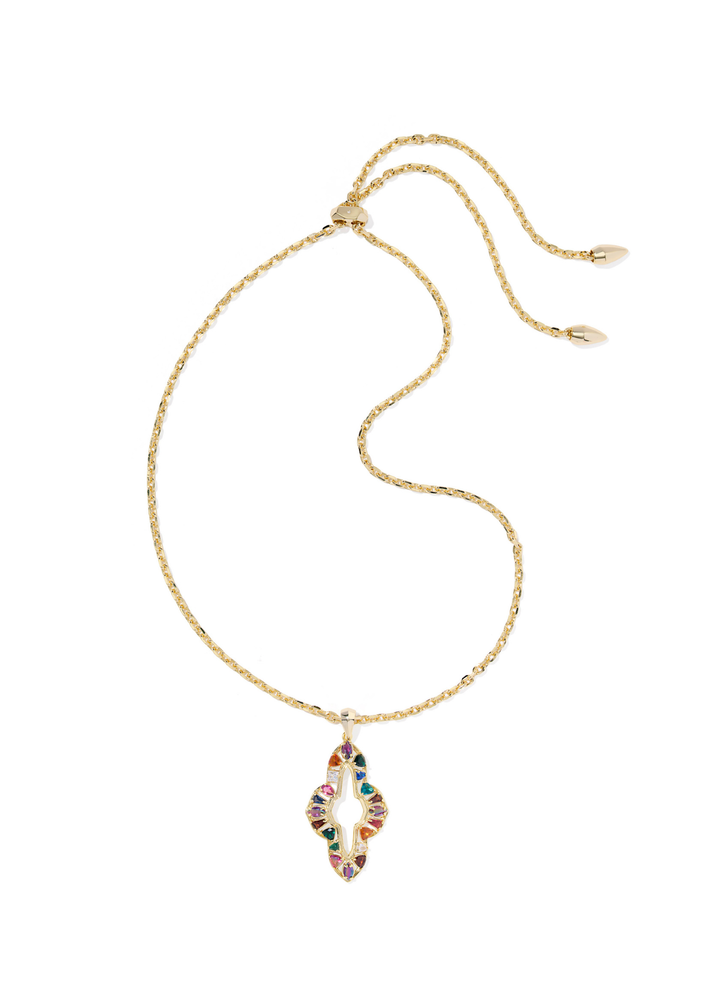 Gold necklace with a multicolor pendant on a white background
