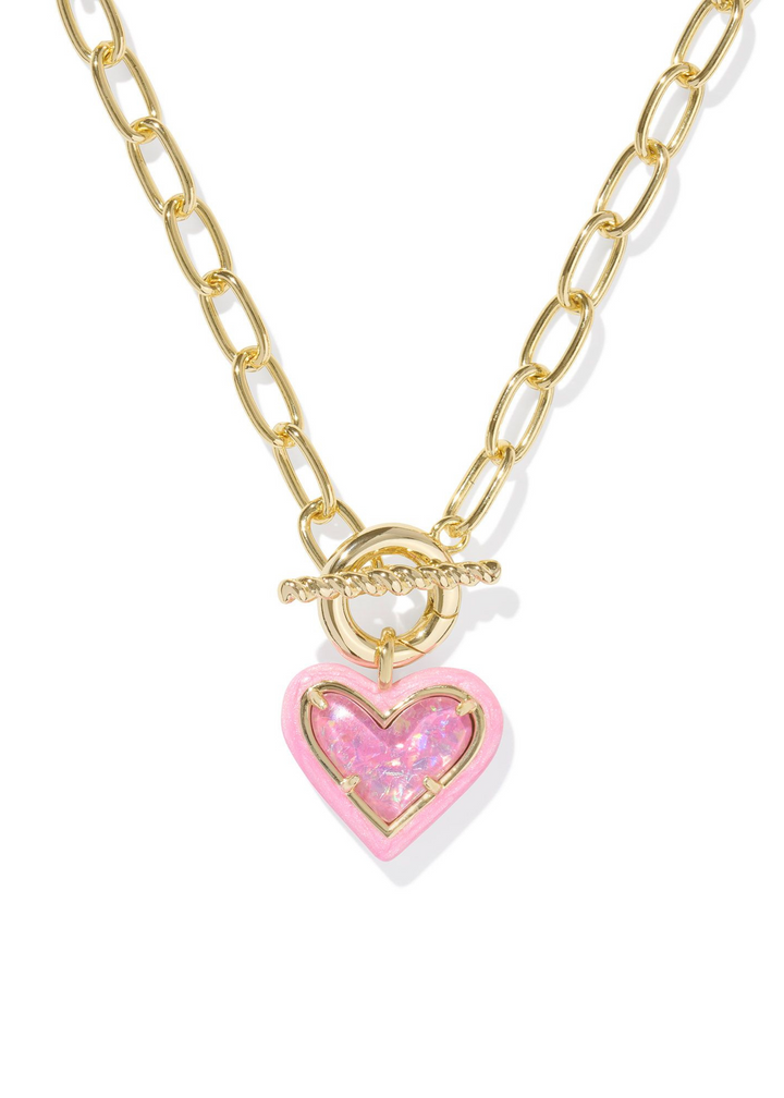 Kendra Scott Ari Enamel Frame Link and Chain Necklace in Gold/Pink Iridescent Glitter Glass