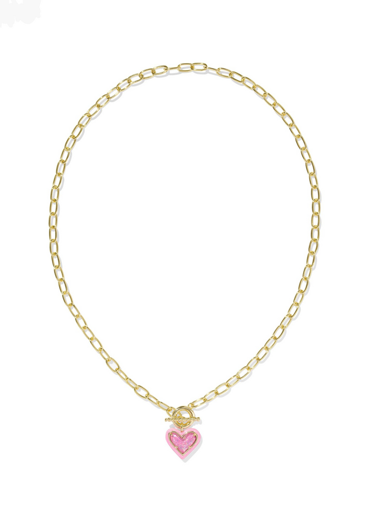 Kendra Scott Ari Heart Enamel Frame Link and Chain Necklace - Gold/Pink Iridescent Glitter Glass