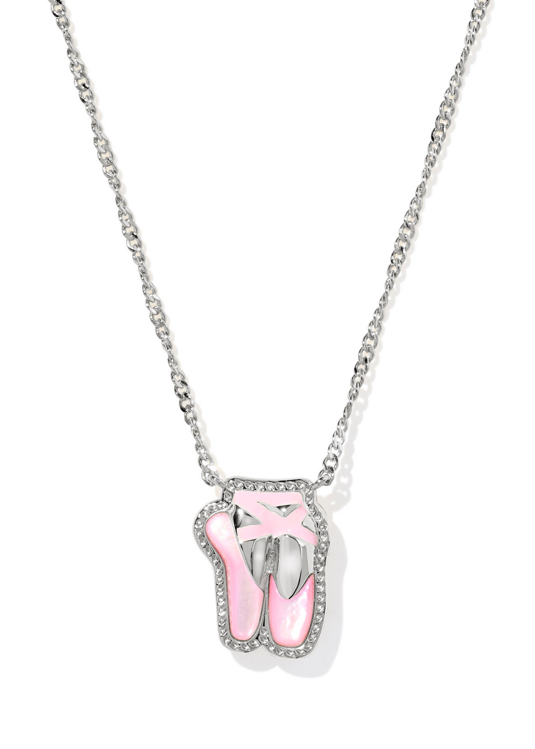 Women's rhodium chain necklace with a pink ballet shoe pendant