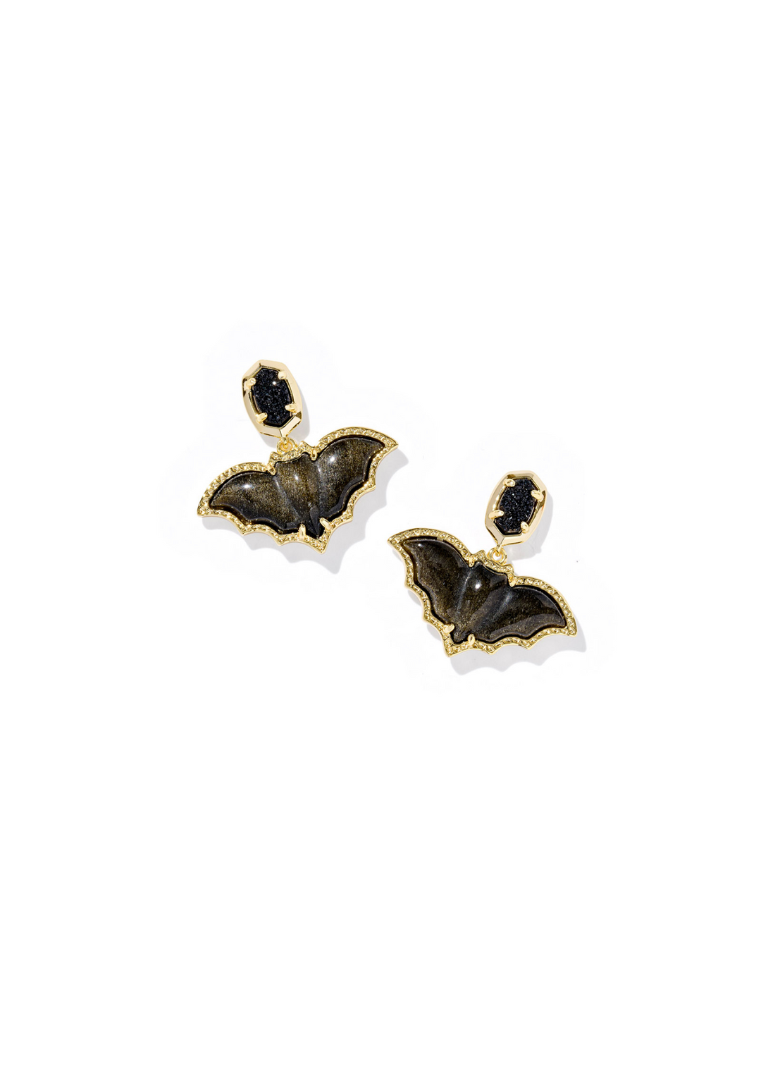 Bat shaped drop earrings with gold framing on a white background