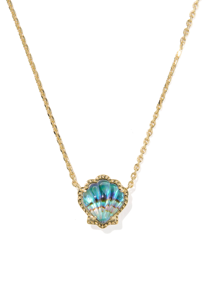 Gold necklace with a blue shell shaped pendant on a white background