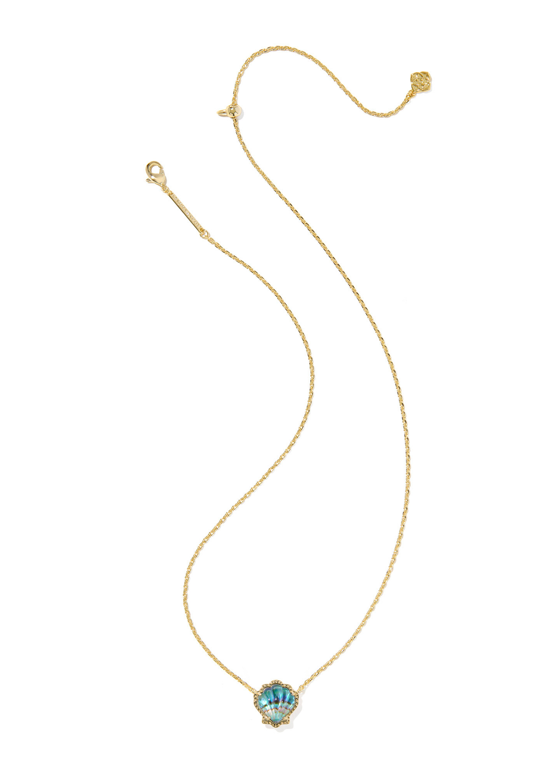 Gold necklace with a blue shell shaped pendant on a white background