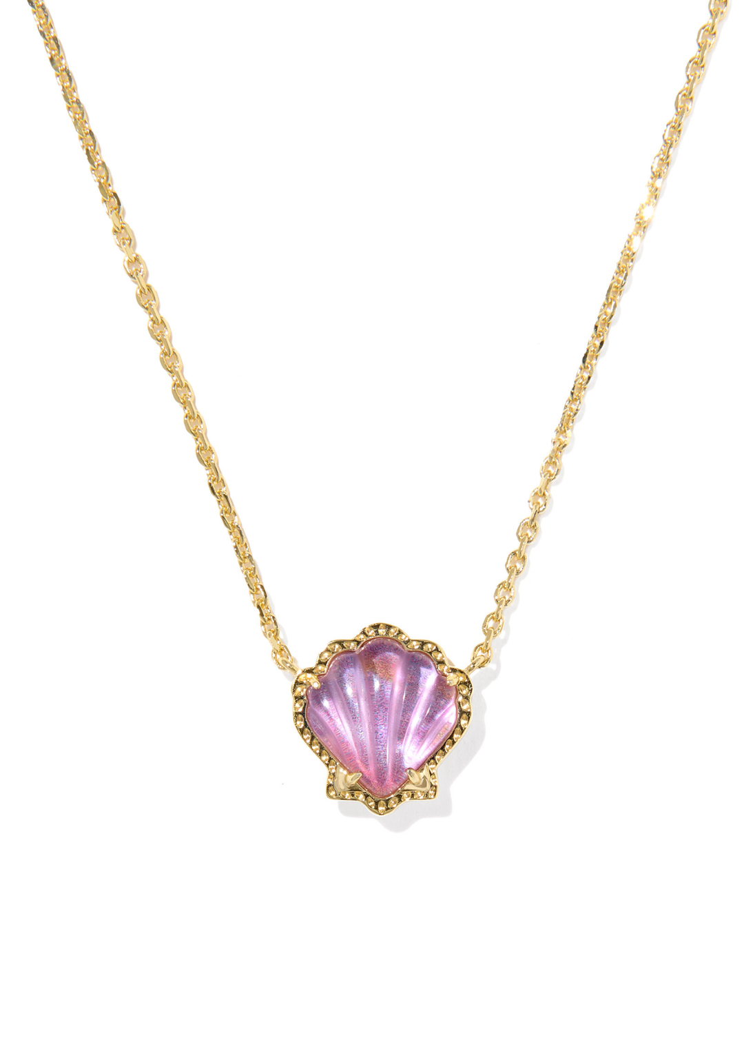 Gold necklace with a purple shell shaped pendant on a white background