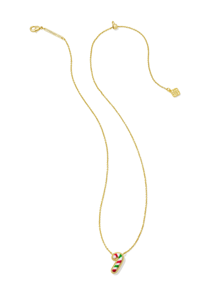 Gold necklace with a red, white, and green candy cane pendant